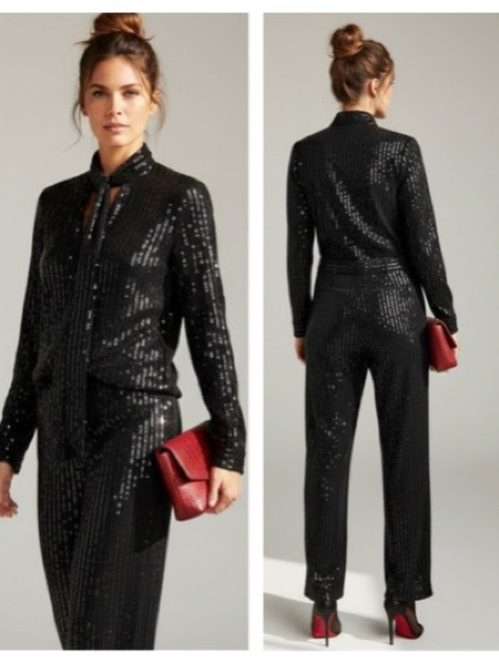 Michael Kors Black Sequin Tie-Neck Jumpsuit